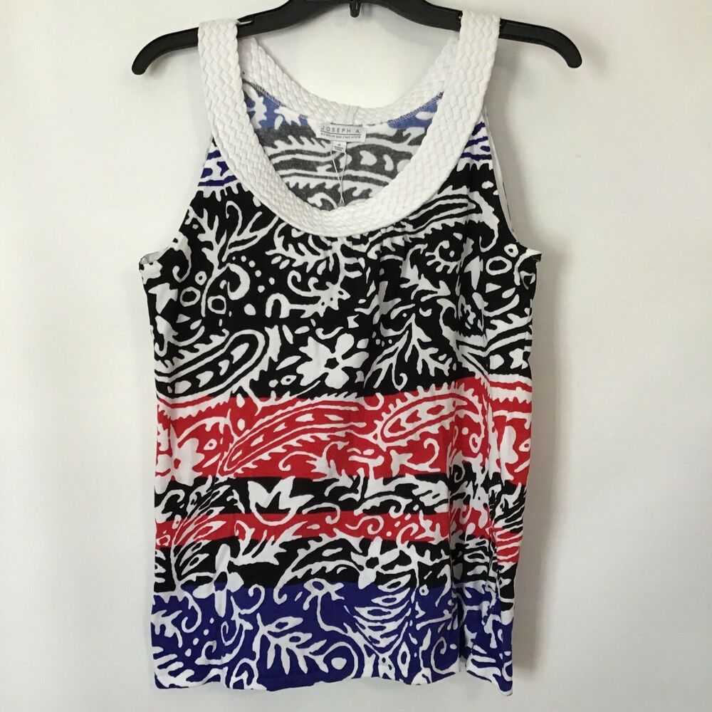 Joseph A. Tank Top Woven Collar Black White Red American Floral Design NWT $50